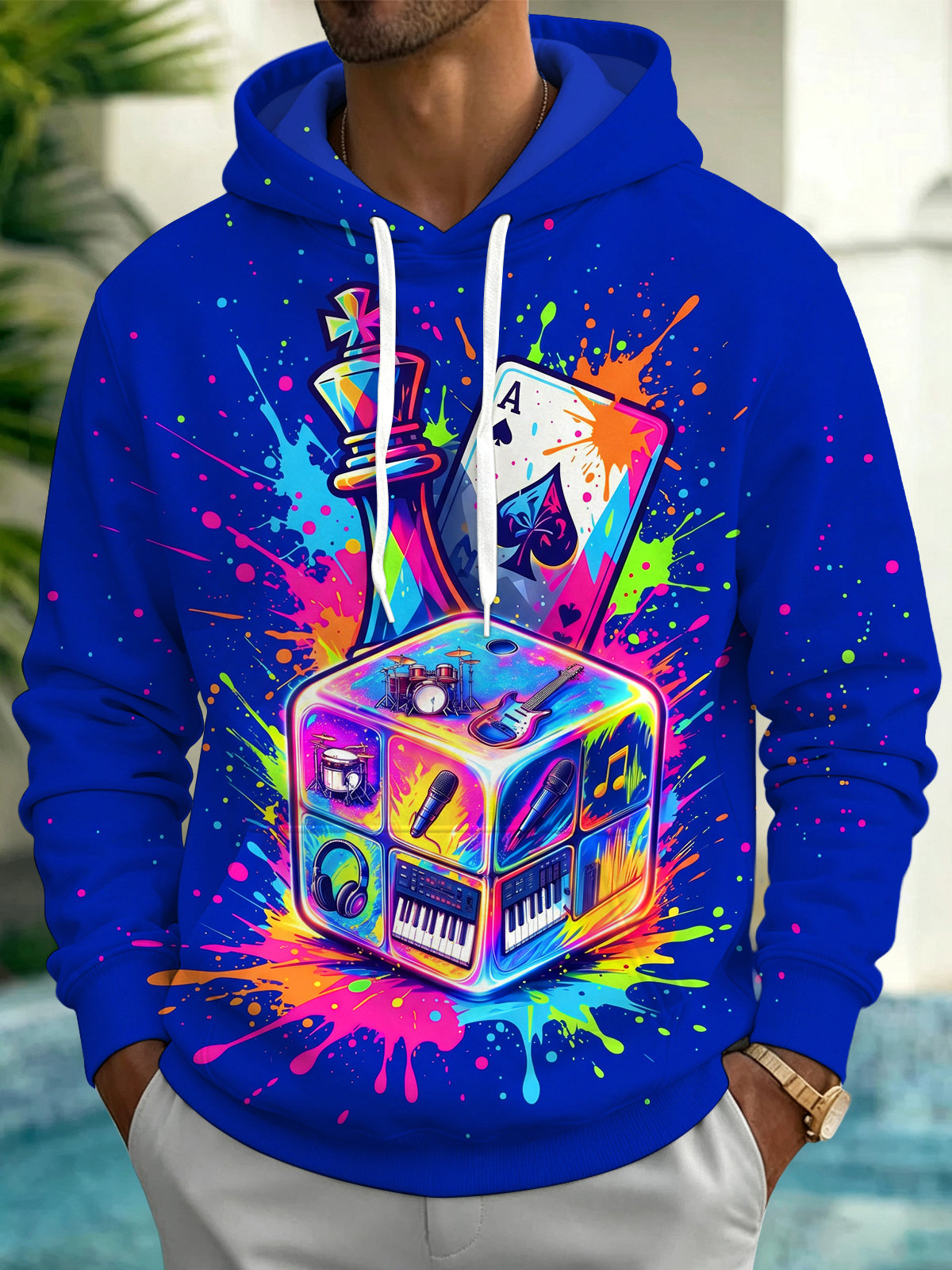 Adaychic Men's Graphic Music Dice And Poker Cards Print Long Sleeve Hoodie