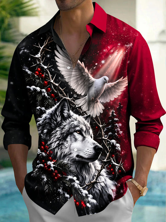 Adaychic Men's Long Sleeve Shirt - Christmas Wolf And Peace Dove With Snow And Berries Print with Chest Pocket