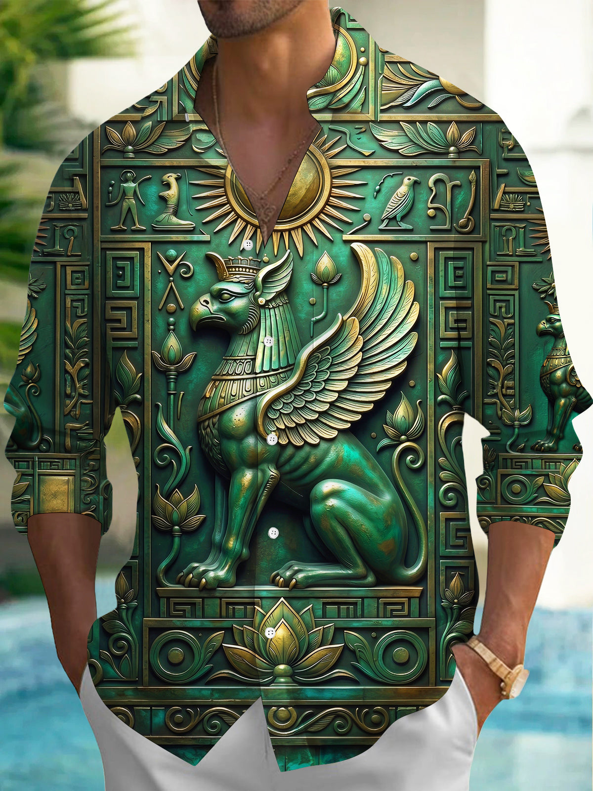 Adaychic Men's Graphic Ancient Egyptian Griffin Relief Print Long Sleeve Shirt with Chest Pocket