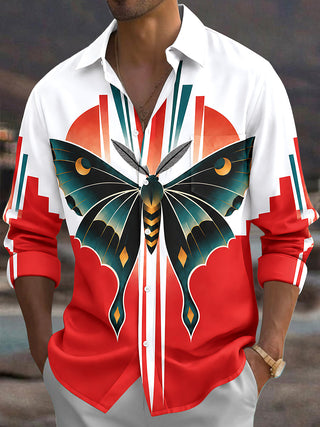 Adaychic Men's Luna Moth With Geometric Sun And Stripes Print Long Sleeve Shirt with Chest Pocket