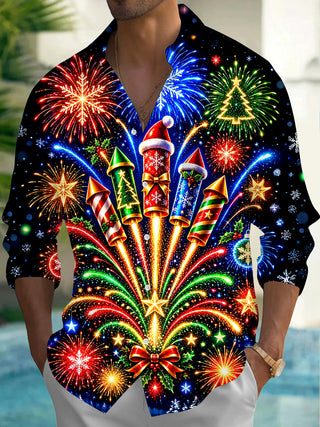Adaychic Men's Long Sleeve Shirt - Christmas Fireworks Rockets And Ornaments Print with Chest Pocket