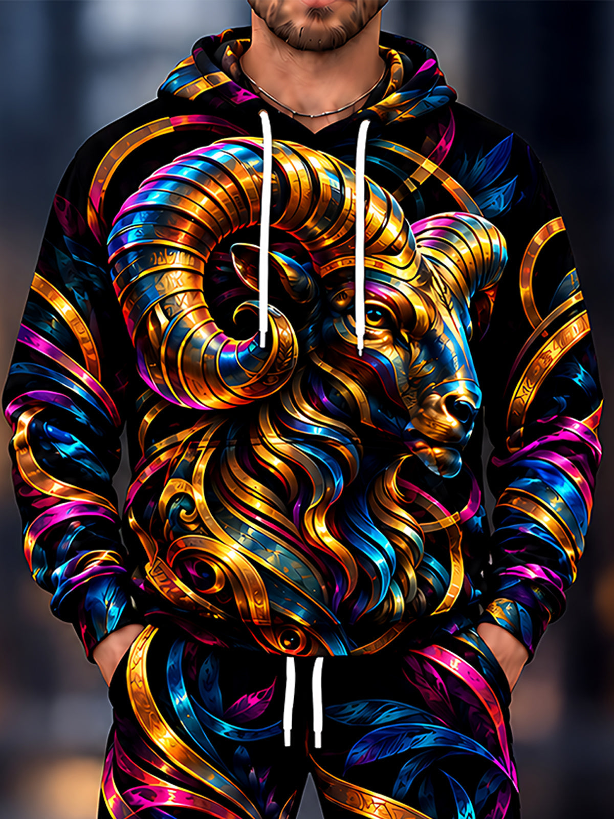 Adaychic Men's Long Sleeve Hoodie - Colorful Ram Head With Swirling Patterns Print