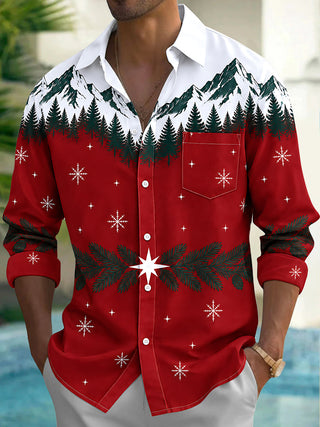 Adaychic Men's Printed Snowy Mountains And Pine Forest Print Long Sleeve Shirt with Chest Pocket