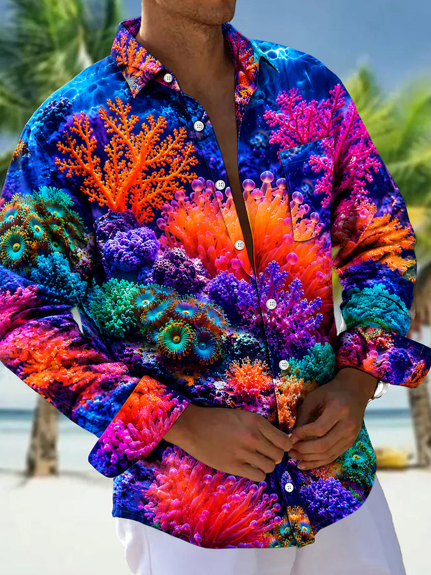 Adaychic Men's Coral Reef And Sea Anemones Print Long Sleeve Shirt with Chest Pocket
