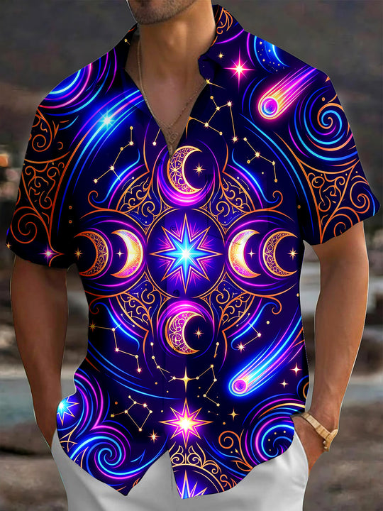 Adaychic Men's Hawaiian Crescent Moons And Stars Print Short Sleeve Shirt with Chest Pocket