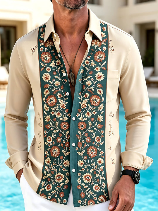 Adaychic Men's Vintage Style Vintage Floral Vine Pattern Long Sleeve Shirt with Chest Pocket