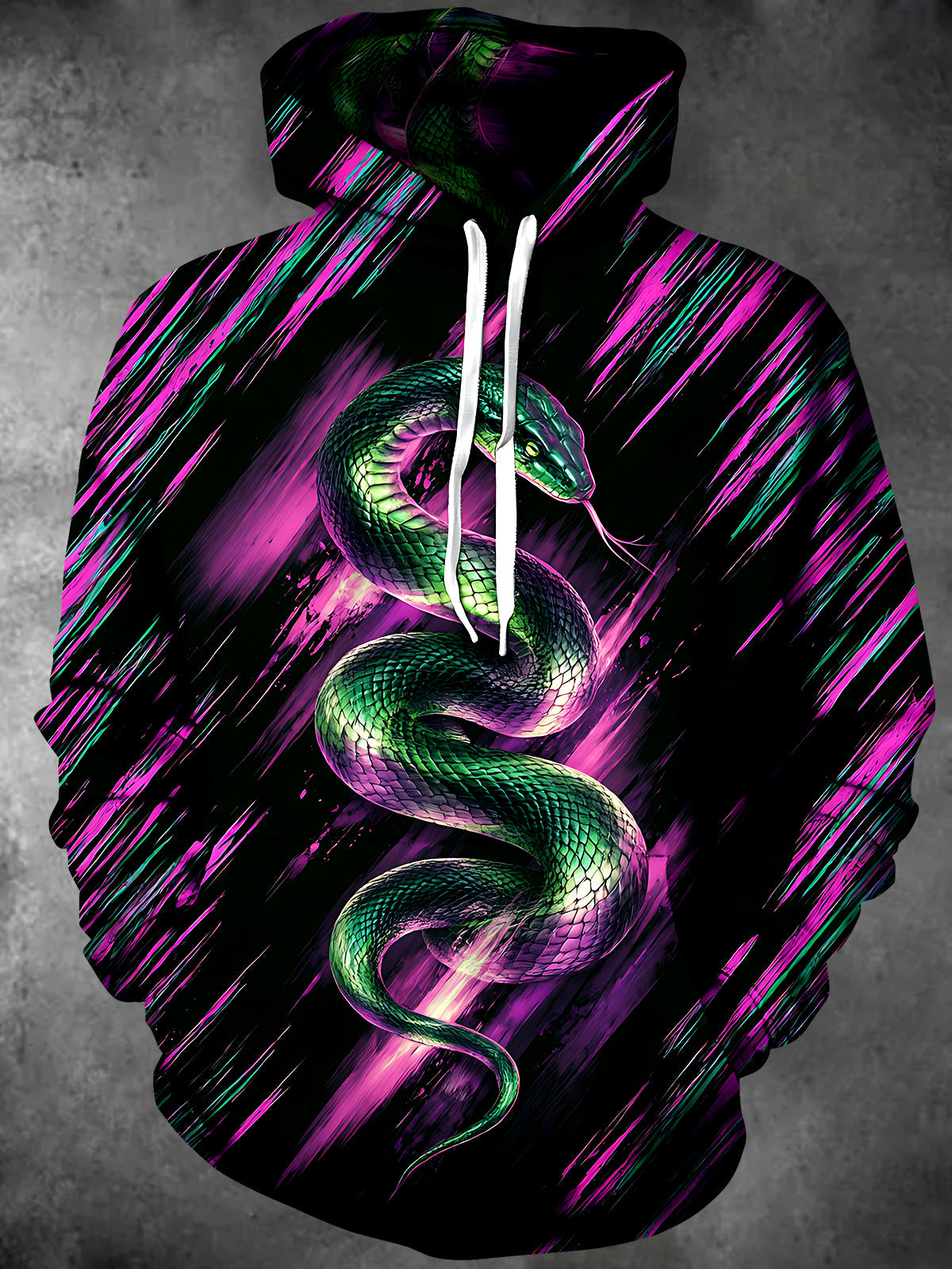Adaychic Men's Long Sleeve Hoodie - Green Snake With Neon Pink And Teal Background Print