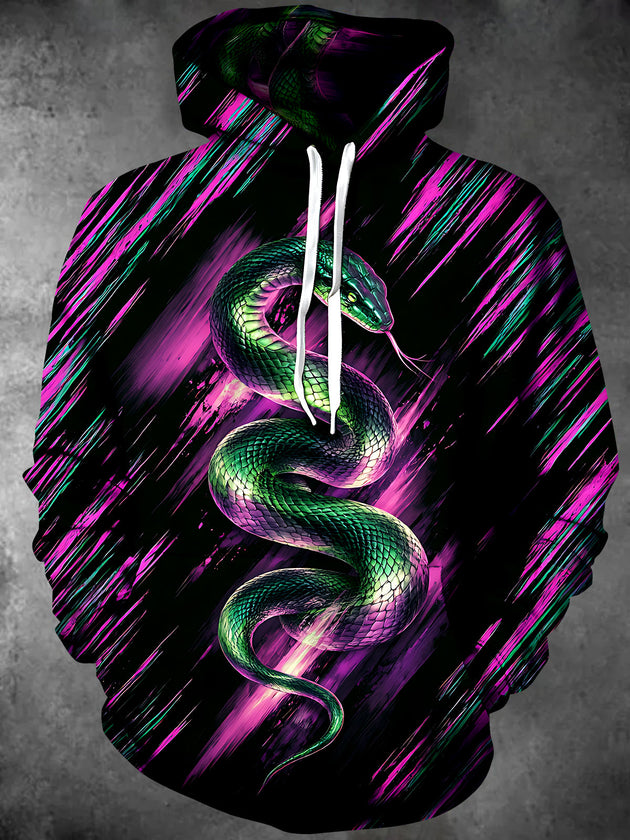 Adaychic Men's Long Sleeve Hoodie - Green Snake With Neon Pink And Teal Background Print