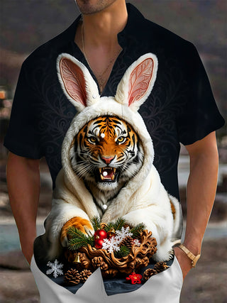 Adaychic Men's Short Sleeve Shirt - Christmas Ornaments And Pine Cones Print Tiger In Bunny Costume Print with Chest Pocket