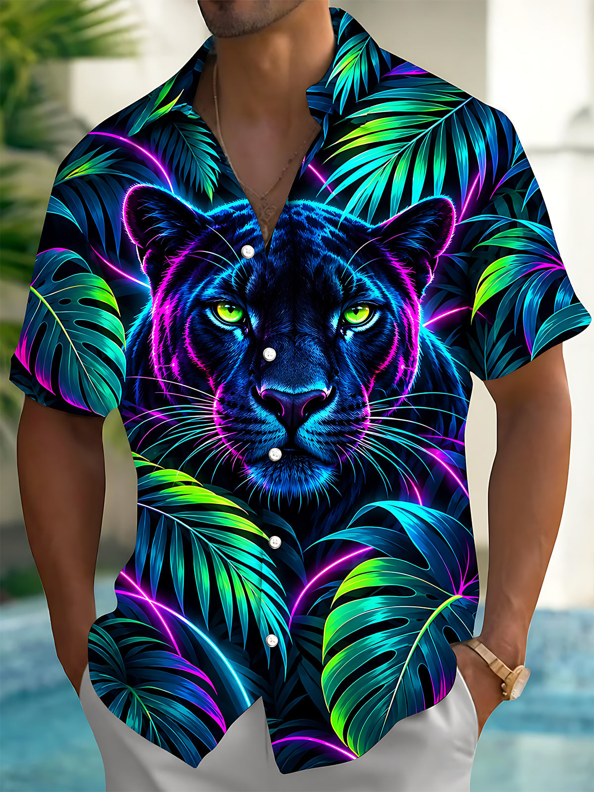 Adaychic Men's Neon Black Panther And Tropical Leaves Print Short Sleeve Shirt with Chest Pocket