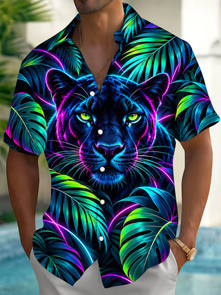 Adaychic Men's Neon Black Panther And Tropical Leaves Print Short Sleeve Shirt with Chest Pocket