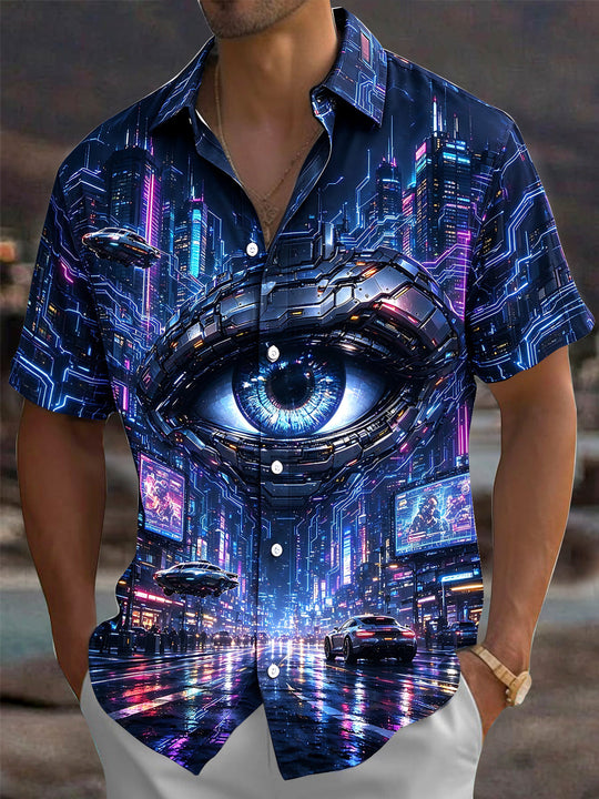 Adaychic Men's Cyberpunk Cityscape With Mechanical Eye Print Short Sleeve Shirt with Chest Pocket