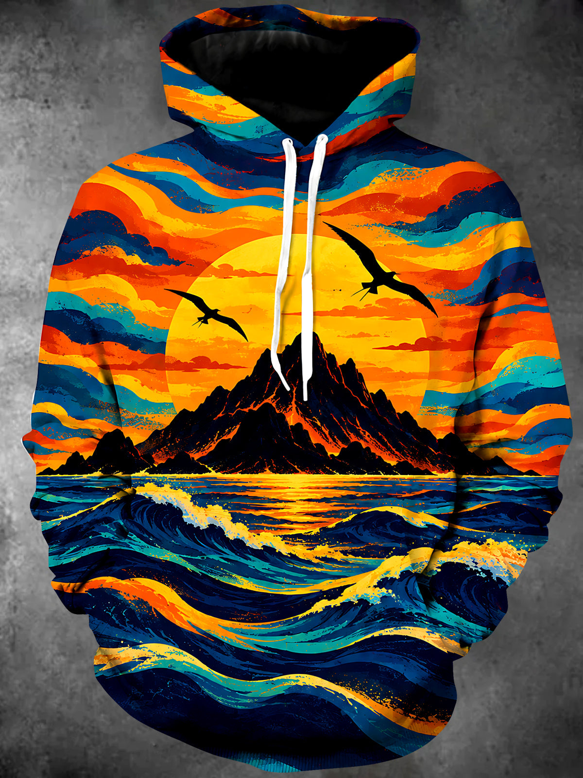 Adaychic Men's Sunset Mountain And Ocean Waves Print Long Sleeve Hoodie