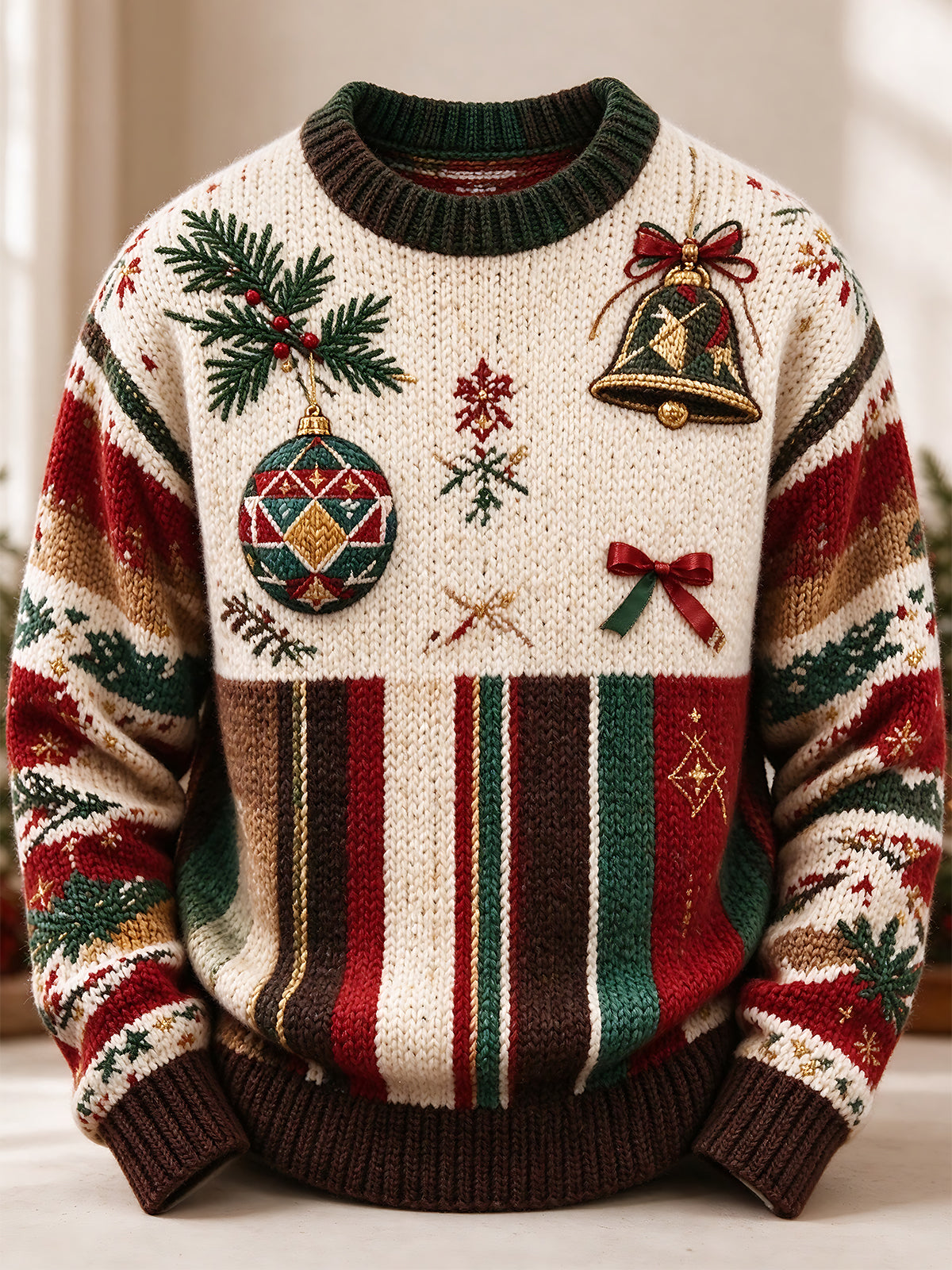 Adaychic Men's Long Sleeve Crew Neck Sweater - Christmas Ornaments And Bells Print