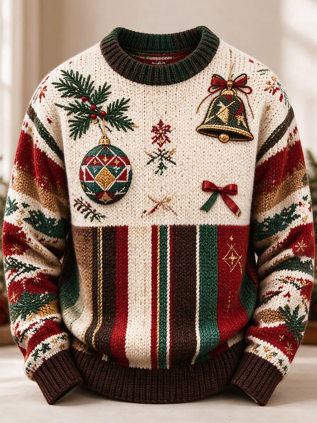 Adaychic Men's Long Sleeve Crew Neck Sweater - Christmas Ornaments And Bells Print