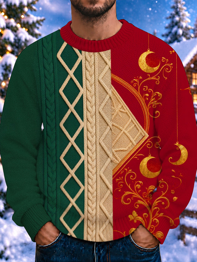 Adaychic Men's Long Sleeve Crew Neck Sweater - Christmas Crescent Moon Ornaments And Floral Scrollwork Print