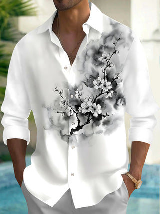 Adaychic Men's Floral Cherry Blossom Branches Print Long Sleeve Shirt with Chest Pocket