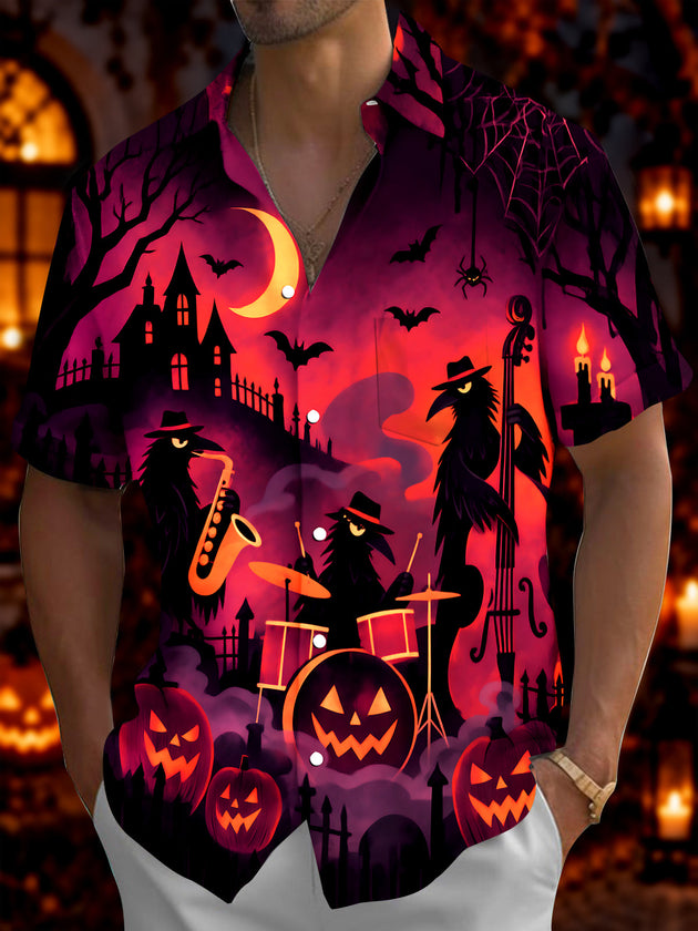 Adaychic Men's Halloween Crow Band Playing Instruments Print Short Sleeve Shirt with Chest Pocket