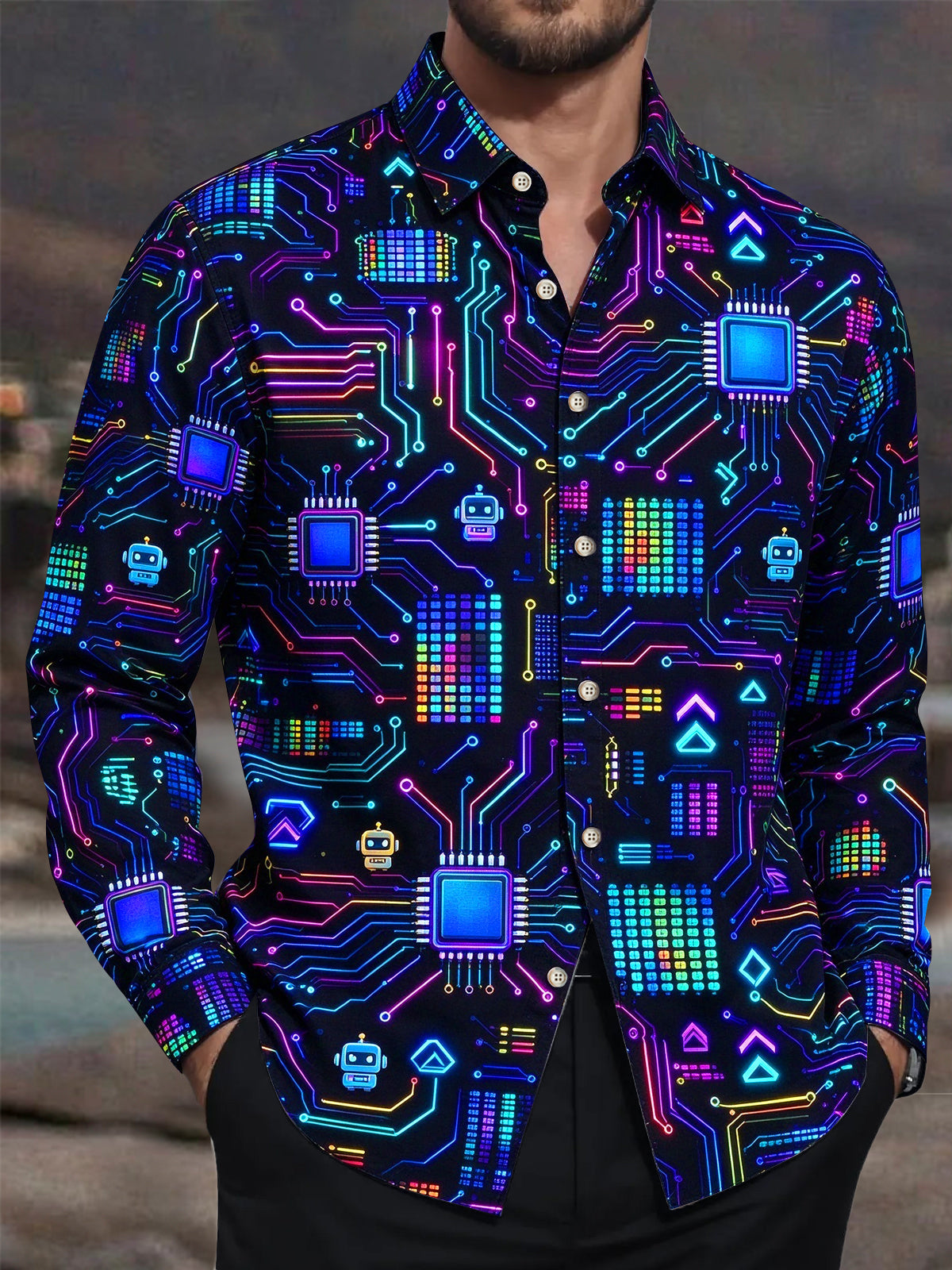 Adaychic Men's Retro Neon Circuit Board And Robot Icons Print Long Sleeve Shirt with Chest Pocket