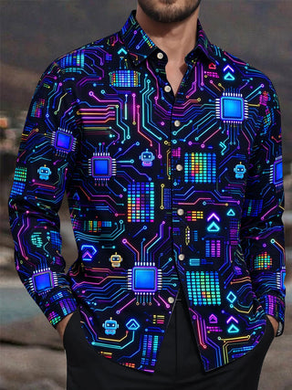 Adaychic Men's Retro Neon Circuit Board And Robot Icons Print Long Sleeve Shirt with Chest Pocket