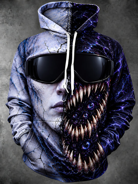 Adaychic Men's Long Sleeve Hoodie - Split Face Human And Monster With Goggles Print