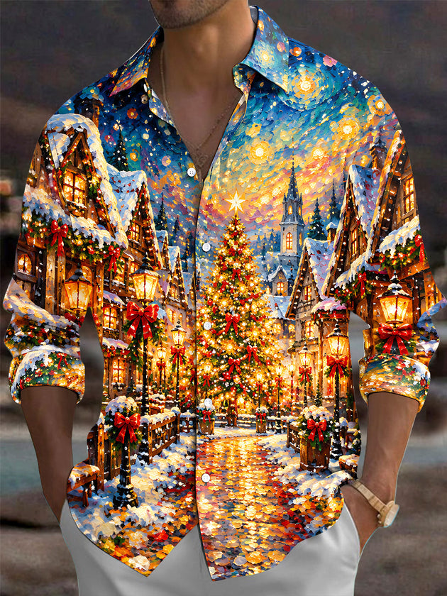 Adaychic Men's Long Sleeve Shirt - Christmas Village Scene With Christmas Tree And Snow Print with Chest Pocket