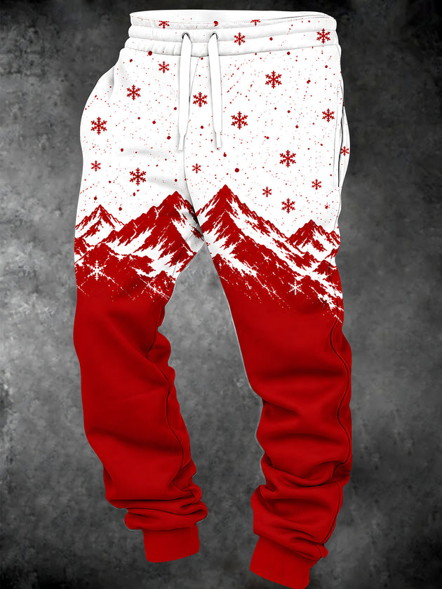 Adaychic Men's Snowy Mountains And Snowflakes Print Pants