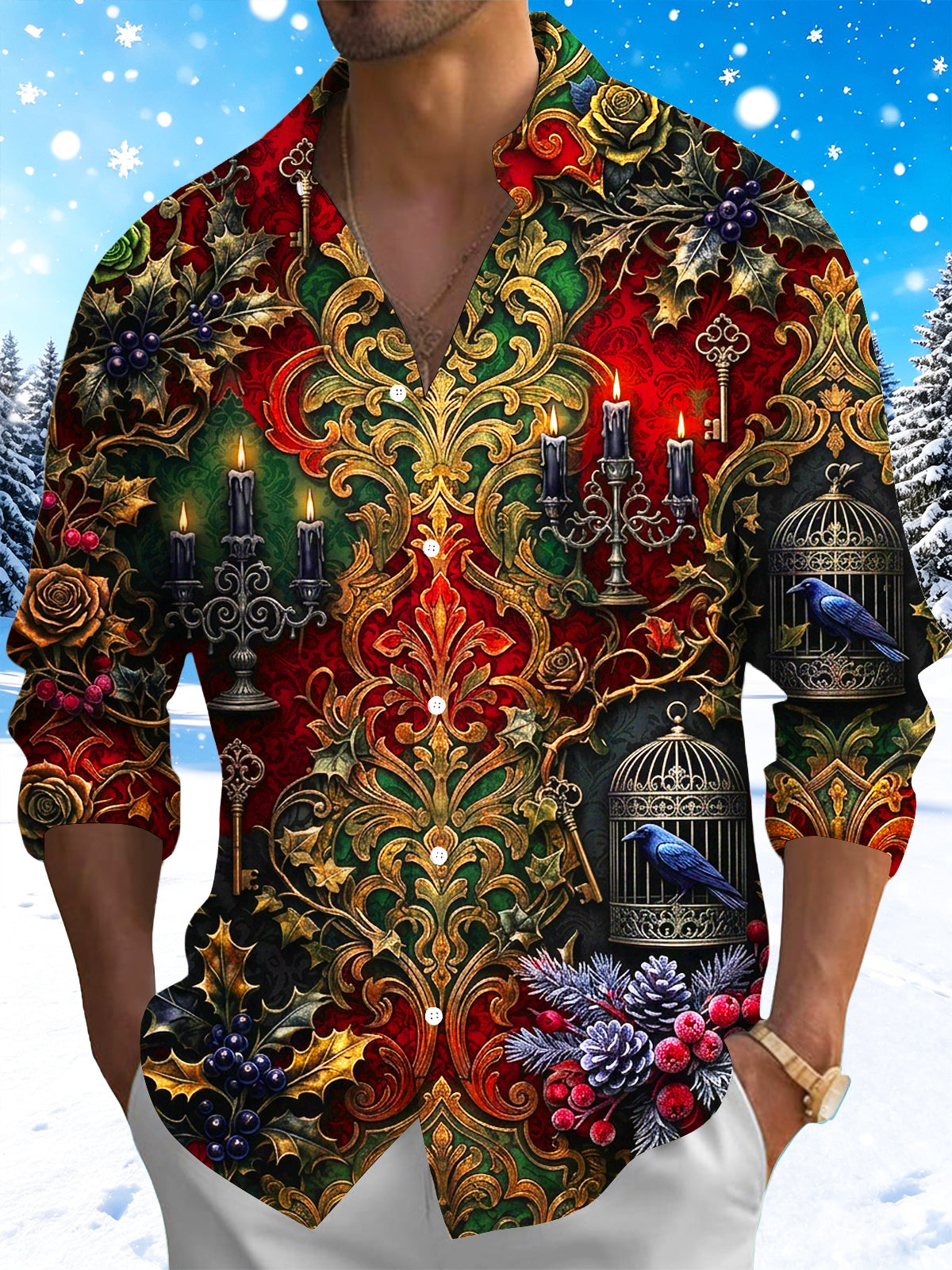 Adaychic Men's Long Sleeve Shirt - Christmas Vintage Gothic Candelabras And Raven Birdcages Print with Chest Pocket