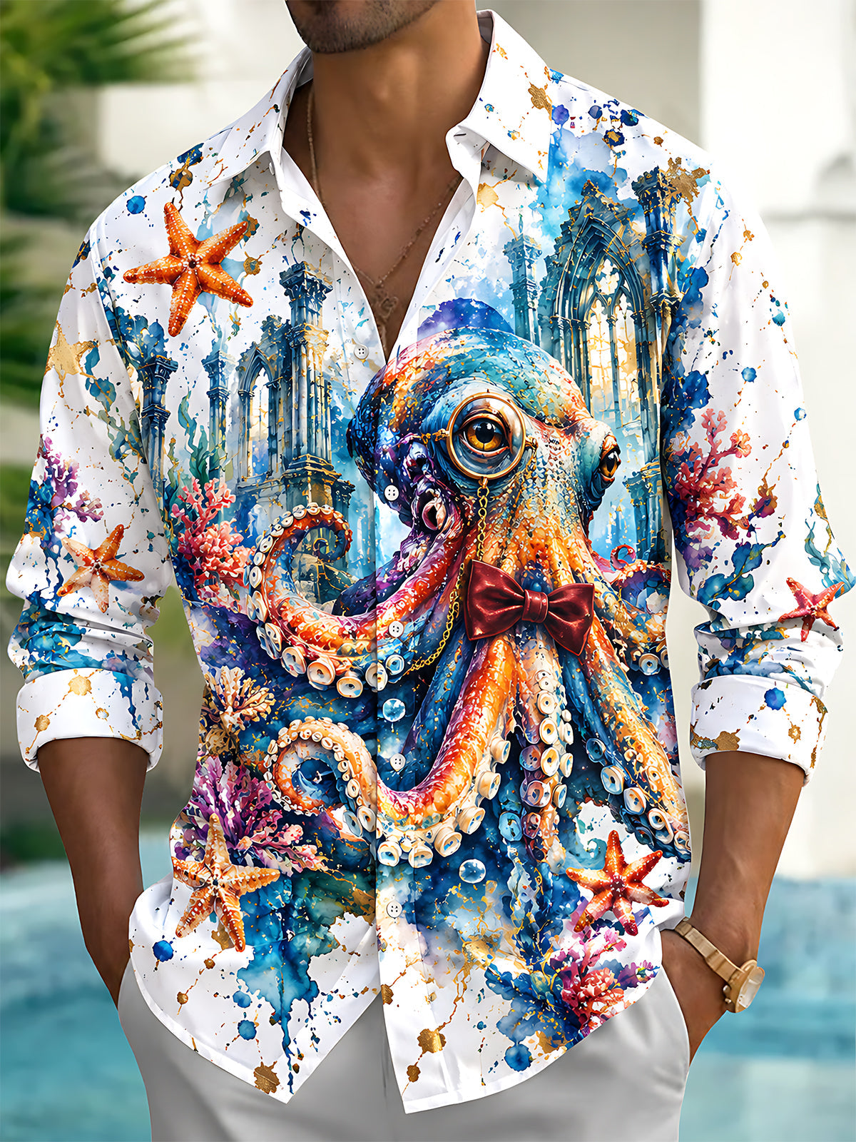 Adaychic Men's Graphic Octopus With Bow Tie And Monocle Print Long Sleeve Shirt with Chest Pocket