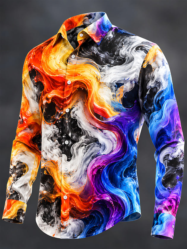 Adaychic Men's Printed Abstract Swirling Fluid Colors Print Long Sleeve Shirt with Chest Pocket