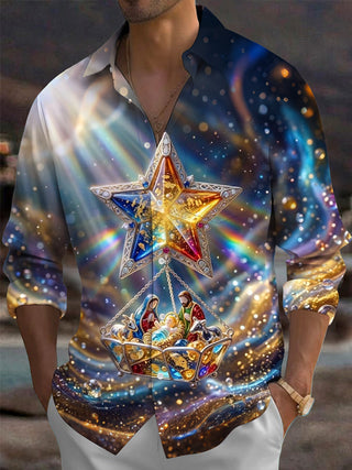 Adaychic Men's Nativity Scene With Star Of Bethlehem Print Long Sleeve Shirt with Chest Pocket
