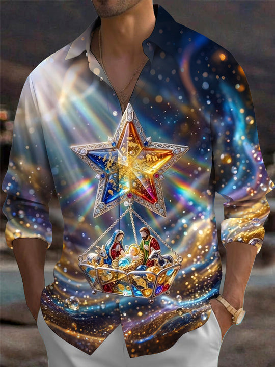 Adaychic Men's Nativity Scene With Star Of Bethlehem Print Long Sleeve Shirt with Chest Pocket