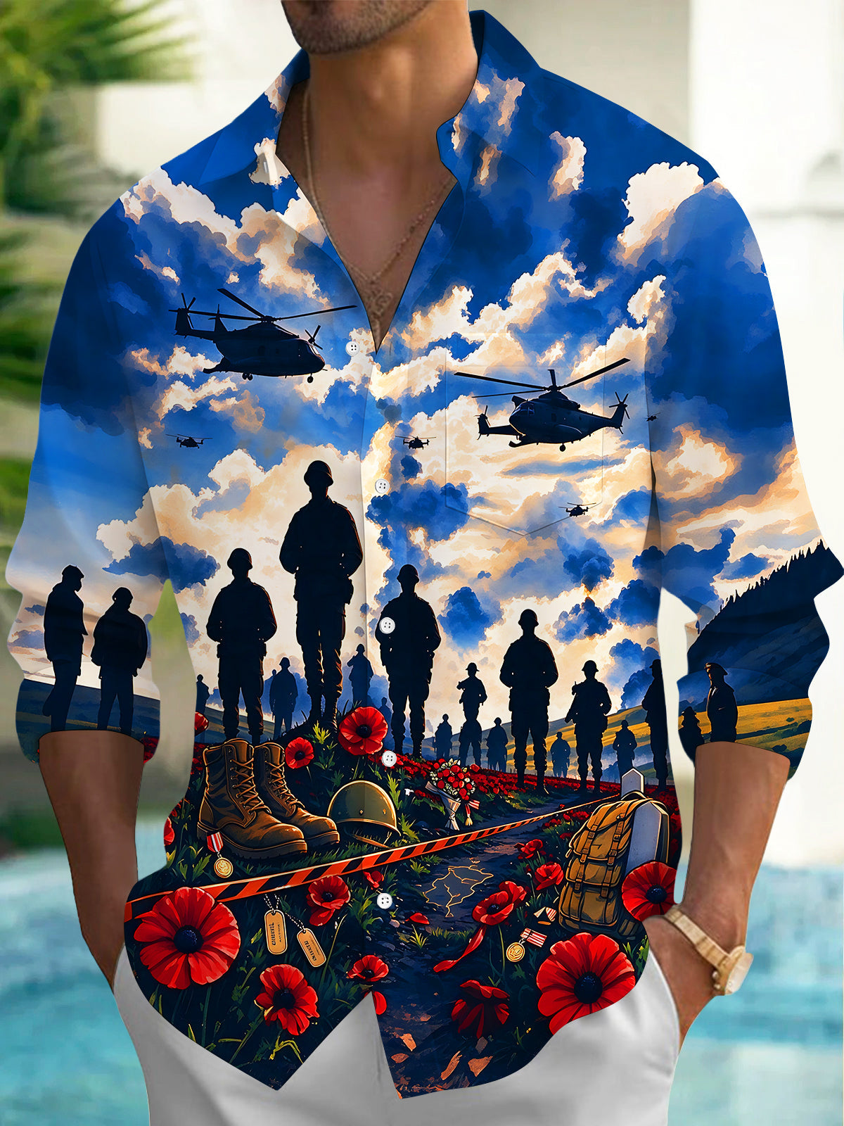 Adaychic Men's Long Sleeve Shirt - Memorial Day Soldier Silhouettes And Military Equipment Print with Chest Pocket