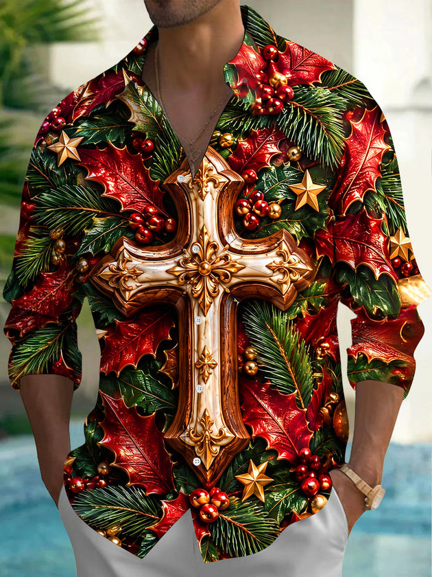Adaychic Men's Long Sleeve Shirt - Christmas 3D Cross With Holly Leaves And Berries Print with Chest Pocket