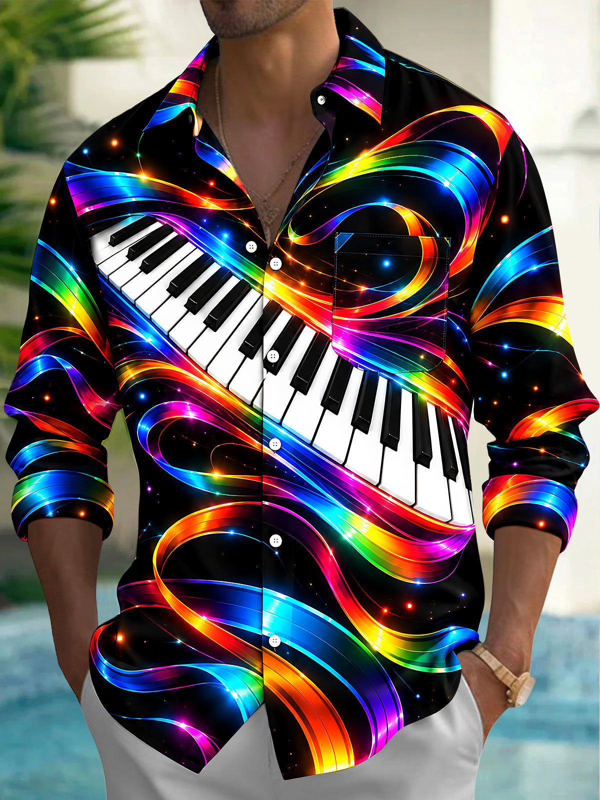 Adaychic Men's Long Sleeve Shirt - Neon Piano Keyboard And Rainbow Light Waves Print with Chest Pocket