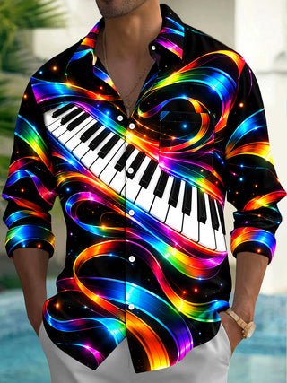 Adaychic Men's Long Sleeve Shirt - Neon Piano Keyboard And Rainbow Light Waves Print with Chest Pocket