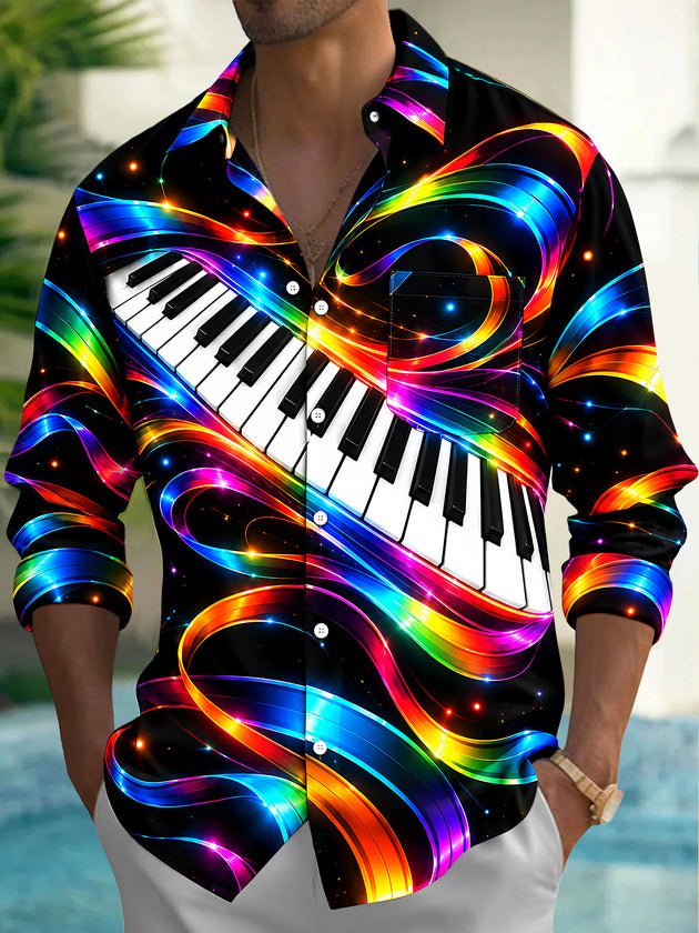 Adaychic Men's Long Sleeve Shirt - Neon Piano Keyboard And Rainbow Light Waves Print with Chest Pocket