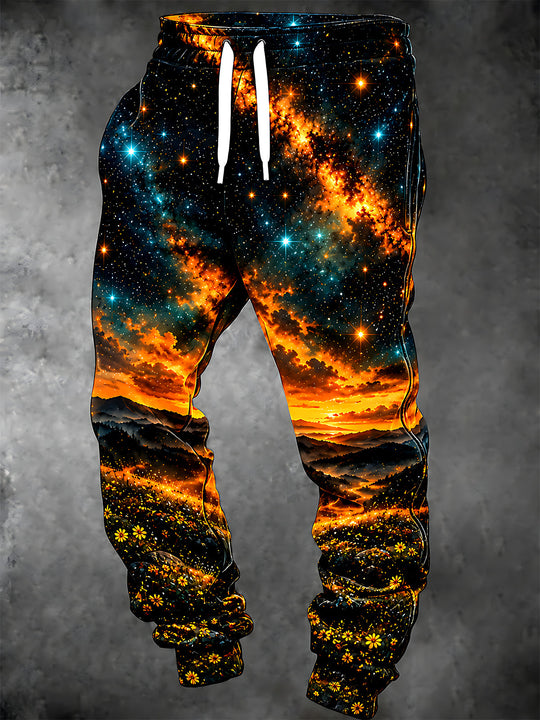 Adaychic Men's Printed Sunset Landscape With Stars And Flowers Print Pants