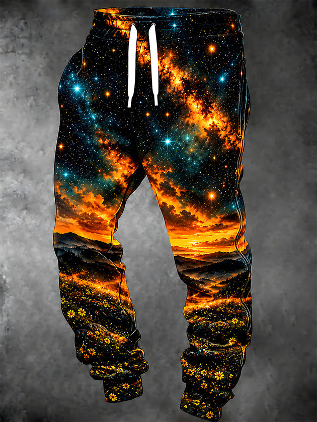 Adaychic Men's Printed Sunset Landscape With Stars And Flowers Print Pants