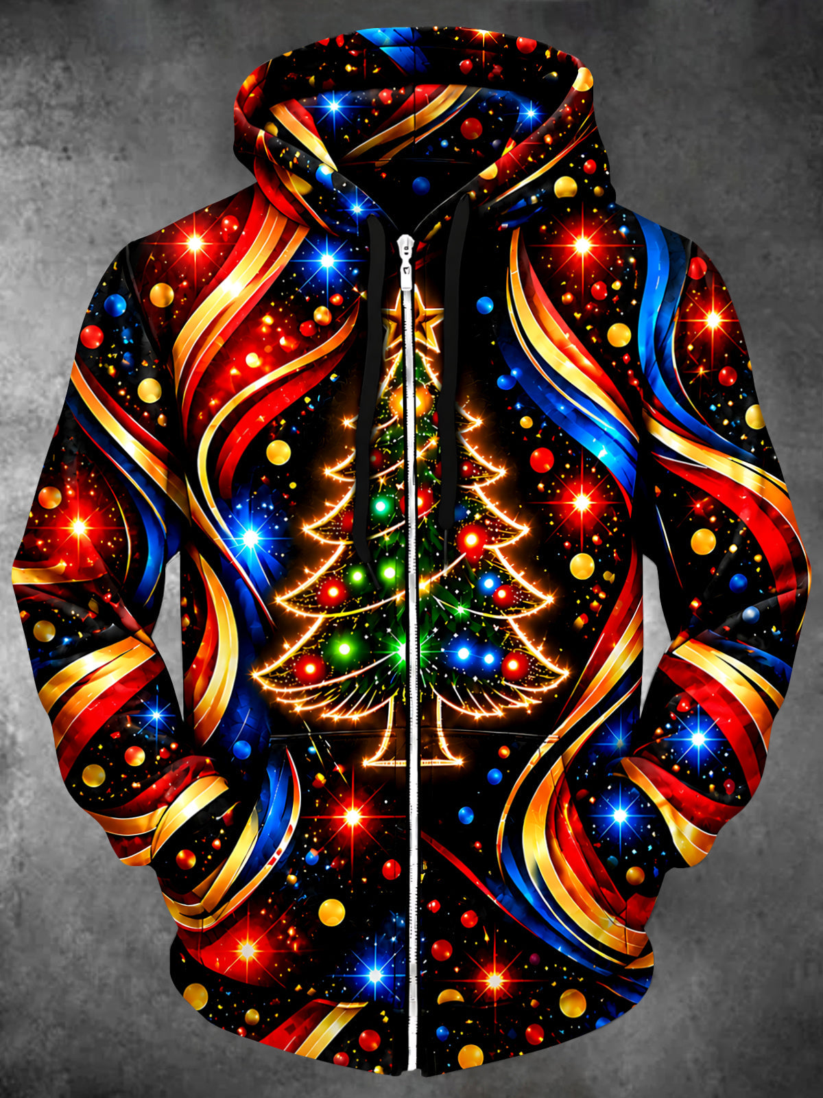 Adaychic Men's Long Sleeve Zip-Up Hoodie - Abstract Neon Christmas Tree With Ornaments Print