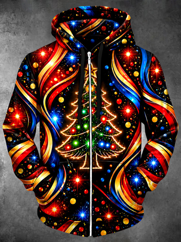 Adaychic Men's Long Sleeve Zip-Up Hoodie - Abstract Neon Christmas Tree With Ornaments Print