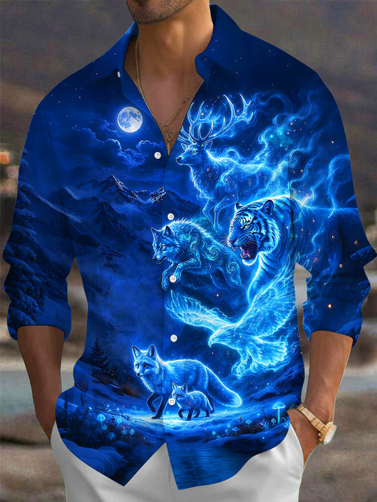 Adaychic Men's Fantasy Blue Beasts And Snow Mountain Print Long Sleeve Shirt with Chest Pocket