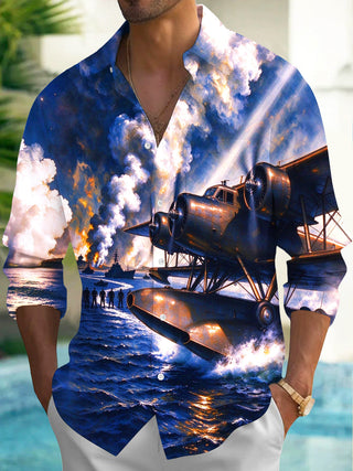 Adaychic Men's Vintage Seaplane And Naval Battle Scene Print Long Sleeve Shirt with Chest Pocket