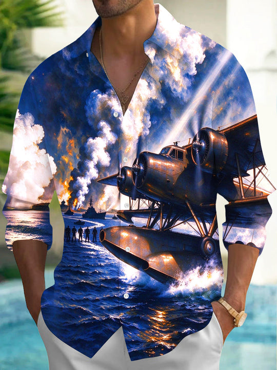 Adaychic Men's Vintage Seaplane And Naval Battle Scene Print Long Sleeve Shirt with Chest Pocket