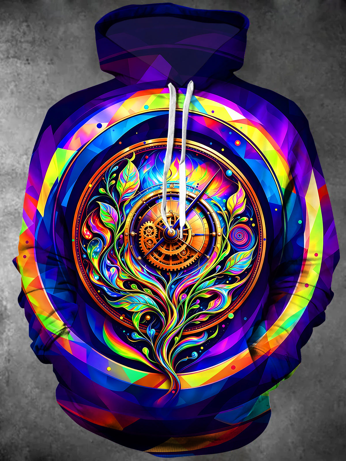 Adaychic Men's Psychedelic Clock And Life Branch Print Long Sleeve Hoodie