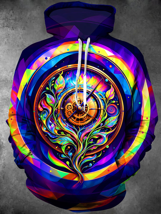 Adaychic Men's Psychedelic Clock And Life Branch Print Long Sleeve Hoodie