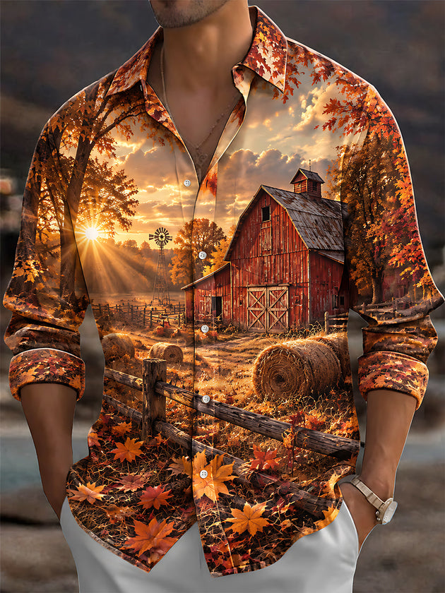 Adaychic Men's Long Sleeve Shirt - Thanksgiving Autumn Farm Barn And Hay Bales Print with Chest Pocket