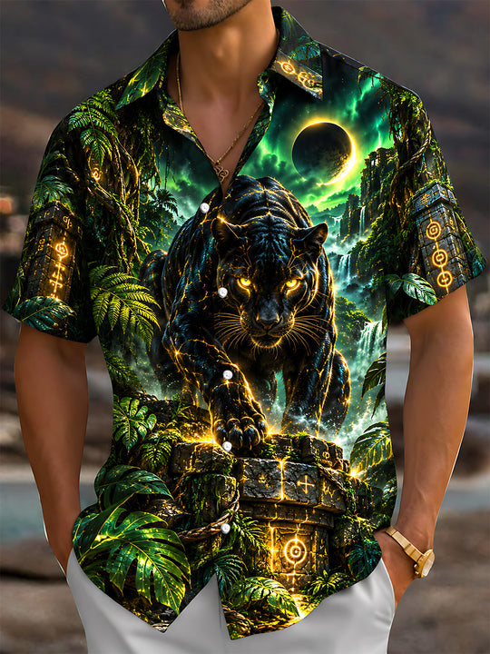 Adaychic Men's Black Panther With Glowing Golden Lines Print Short Sleeve Shirt with Chest Pocket