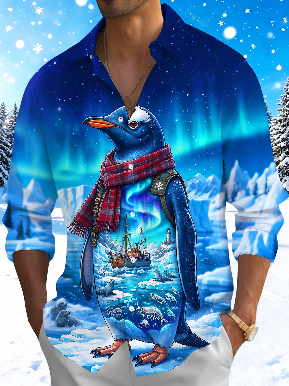 Adaychic Men's Penguin With Plaid Scarf And Backpack Print Long Sleeve Shirt with Chest Pocket