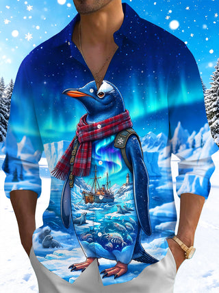 Adaychic Men's Penguin With Plaid Scarf And Backpack Print Long Sleeve Shirt with Chest Pocket
